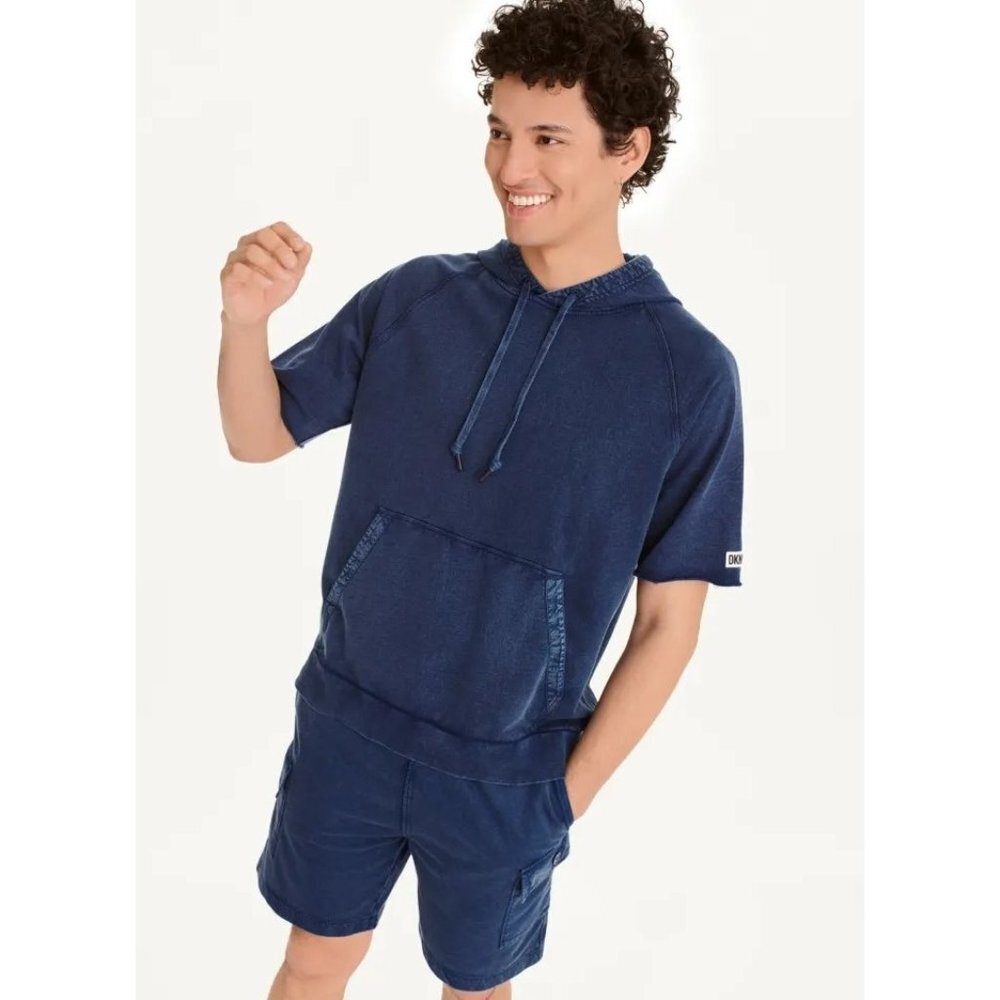 NWT DKNY Men's Short Sleeve Pigment Dye Hoodie in‎ Navy Size Large